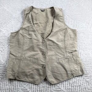 J Jill Linen Blend Vest Womens L Khaki Tan Smocked Back Coastal Academic Safari